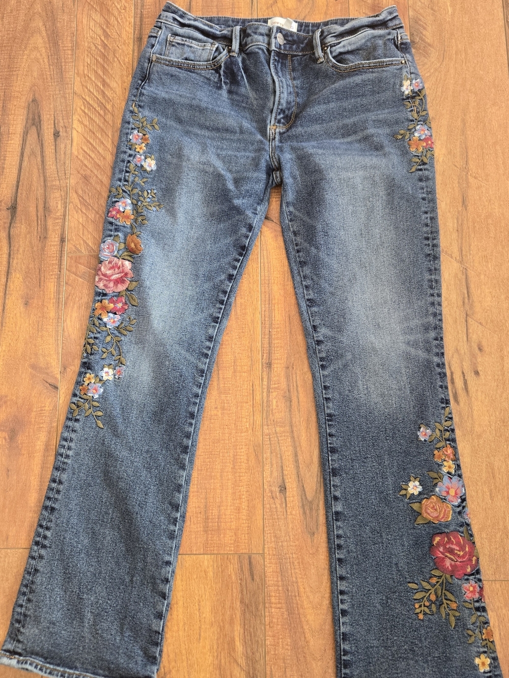 DRIFTWOOD Medium Wash Blue Stretch Embroidered Floral Slim Bootcut